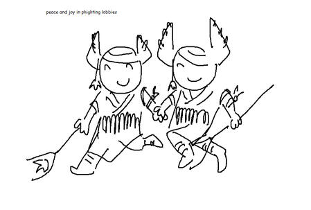 tribute three: ms paint doodle of two vinestaffs holding hands and skipping. small text above them says "peace and joy in phighting lobbies"