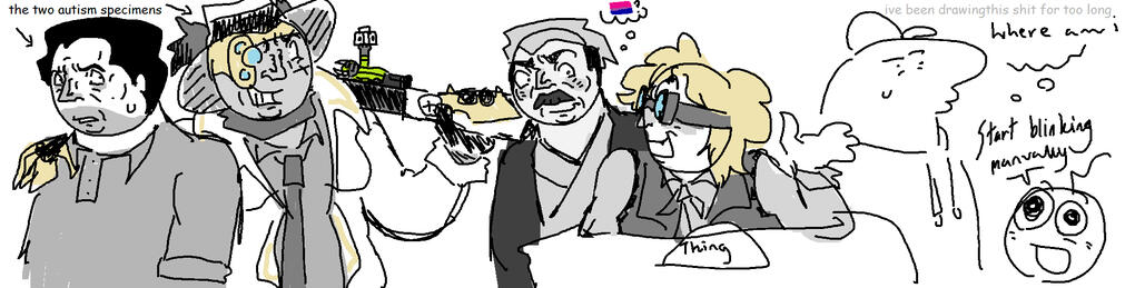 a quick sketch of some of my favorite characters in grayscale. from left to right it's; michael de santa (grand theft auto five), scythe (phighting), boombox (phighting), yujin mikotoba and herlock sholmes (the great ace attorney), & charlie and pim (smili