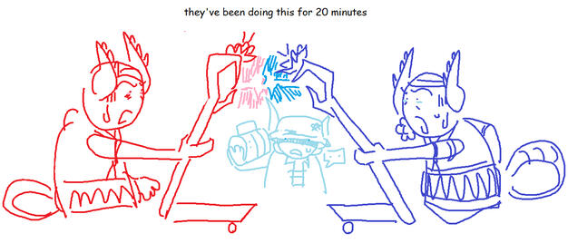 two vinestaffs are holding their staffs and shooting each other with them. the one on the left is red, and the one on the right is blue. both are tired. there is a boombox in the background, with a confused face. there is text at the top of the drawing tha